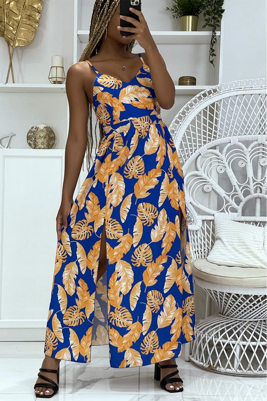 Longue robe orange et royal fendue sur les cotés à motifs feuillages hyper tendance - 1