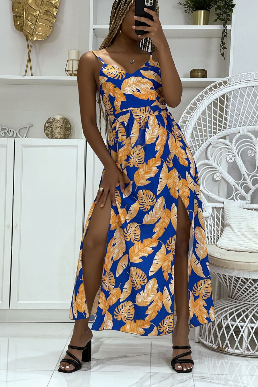 Longue robe orange et royal fendue sur les cotés à motifs feuillages hyper tendance - 3