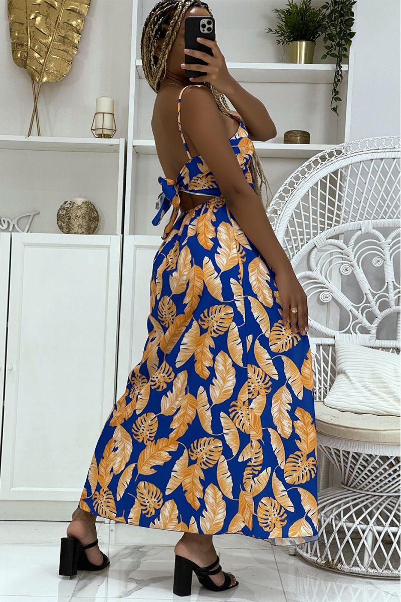 Long orange and royal dress split on the sides with trendy foliage patterns - 4