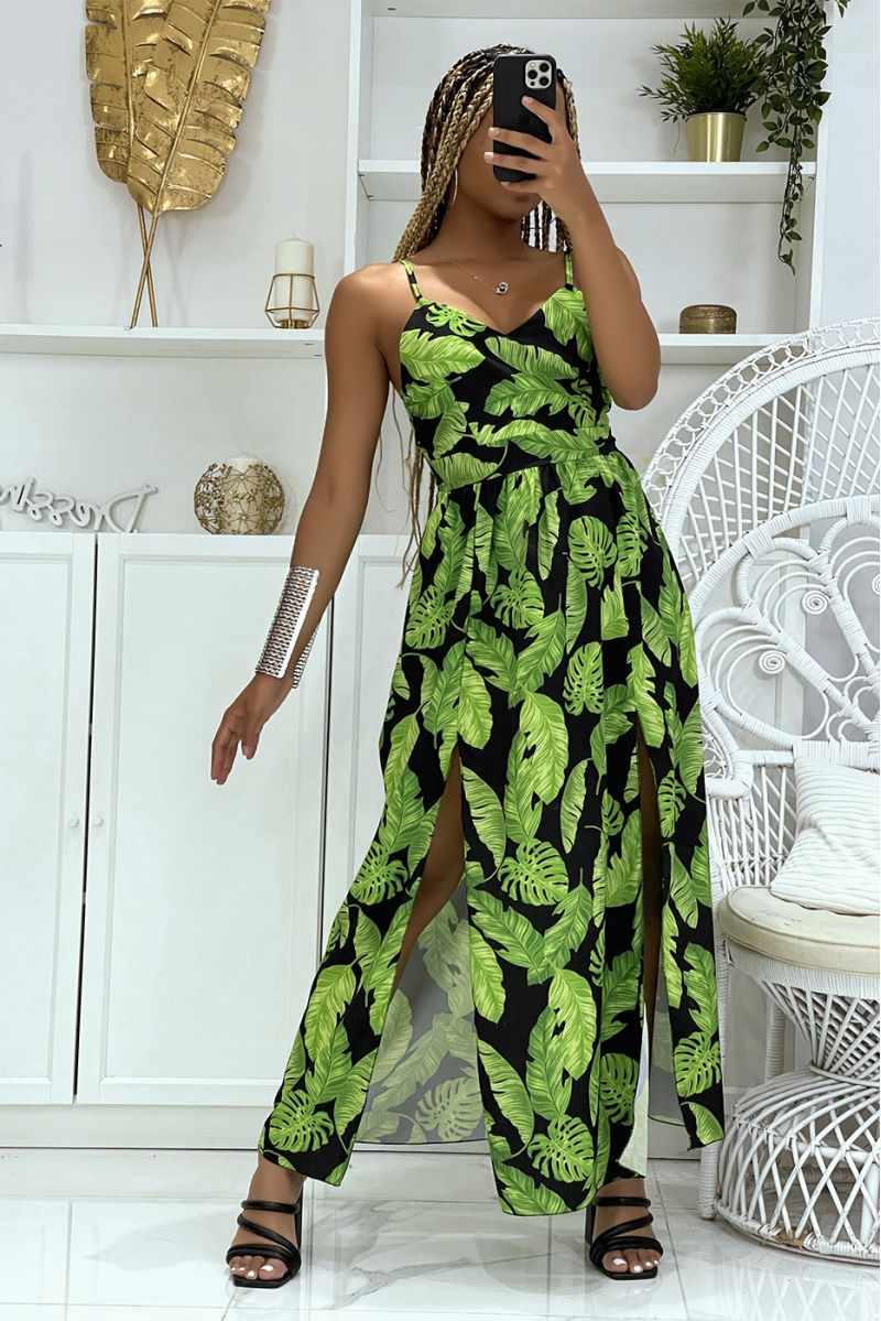 Longue robe noire et verte fendue sur les cotés à motifs feuillages hyper tendance - 4