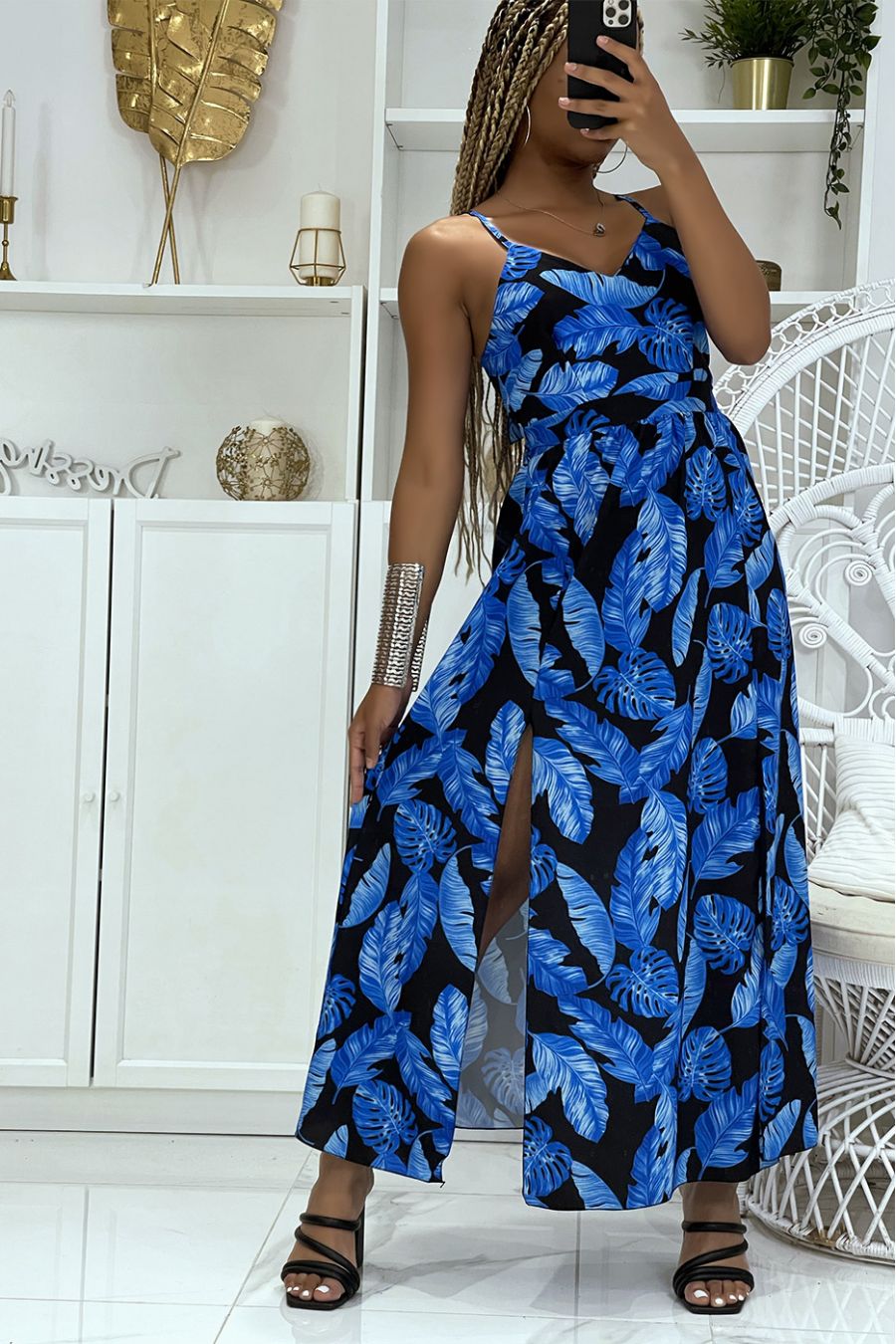 Longue robe noire et royale fendue sur les cotés à motifs feuillages hyper tendance - 1