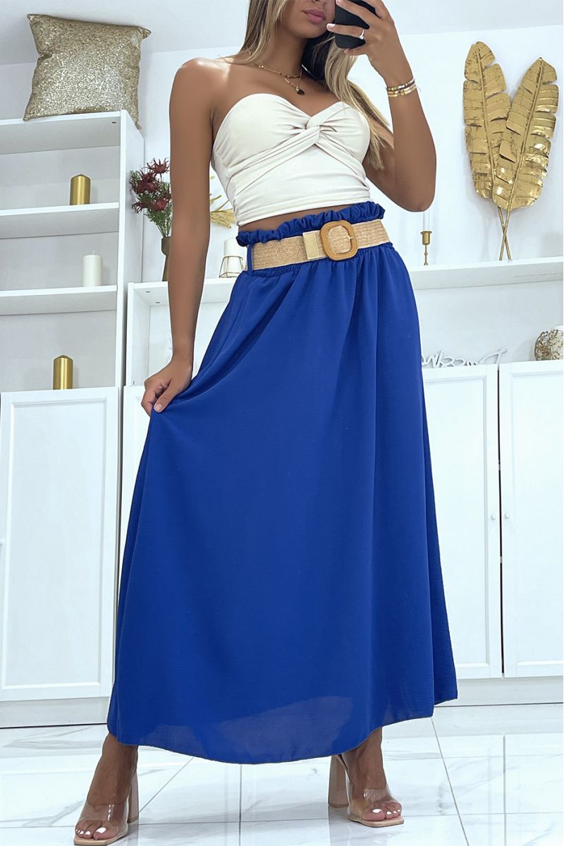 Long royal skirt with elastic straw-effect belt at the waist in vitamin color - 1