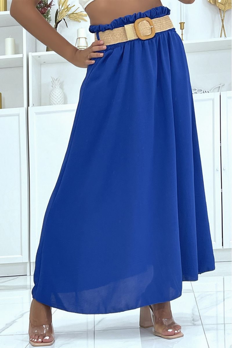 Long royal skirt with elastic straw-effect belt at the waist in vitamin color - 2