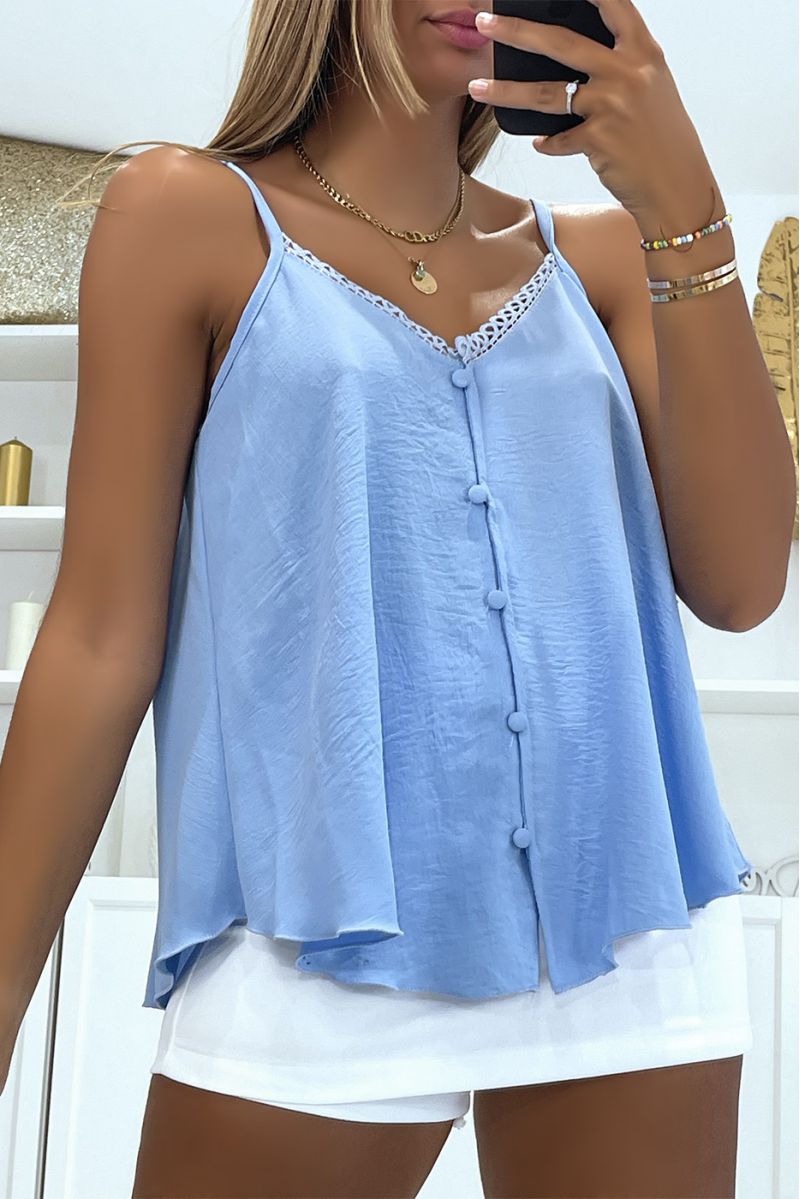 Blue tank top with thin straps and pretty buttons in the center for a chic and casual style - 1