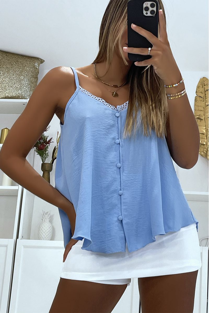 Blue tank top with thin straps and pretty buttons in the center for a chic and casual style - 2