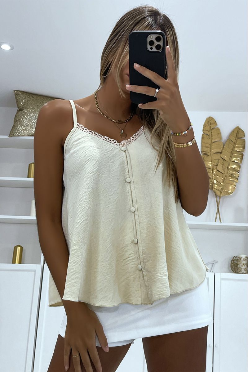 Beige tank top with thin straps and pretty buttons in the center for a chic and casual style - 3