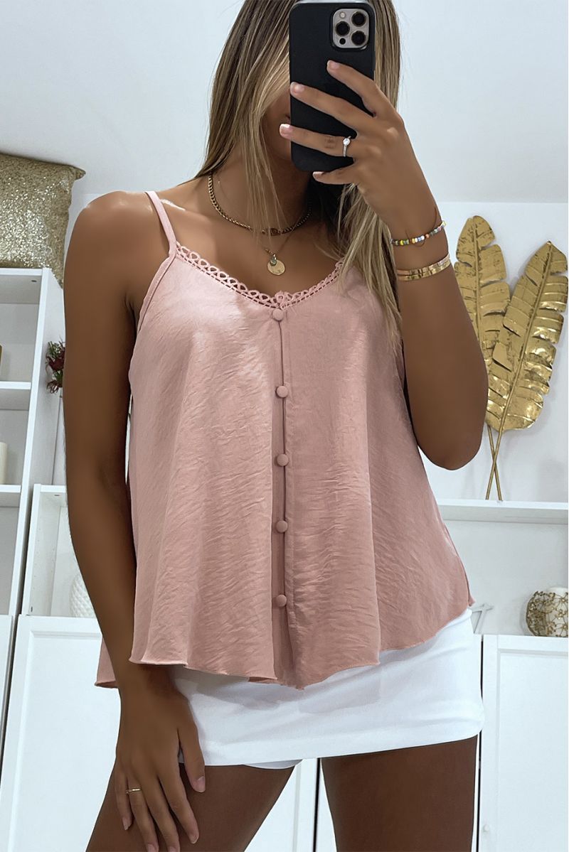 Pink tank top with thin straps and pretty buttons in the center for a chic and casual style - 3