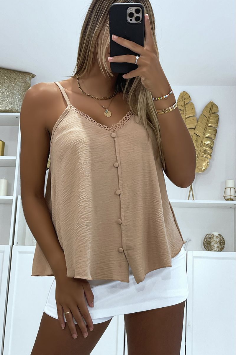 Taupe tank top with thin straps and pretty buttons in the center for a chic and casual style - 3