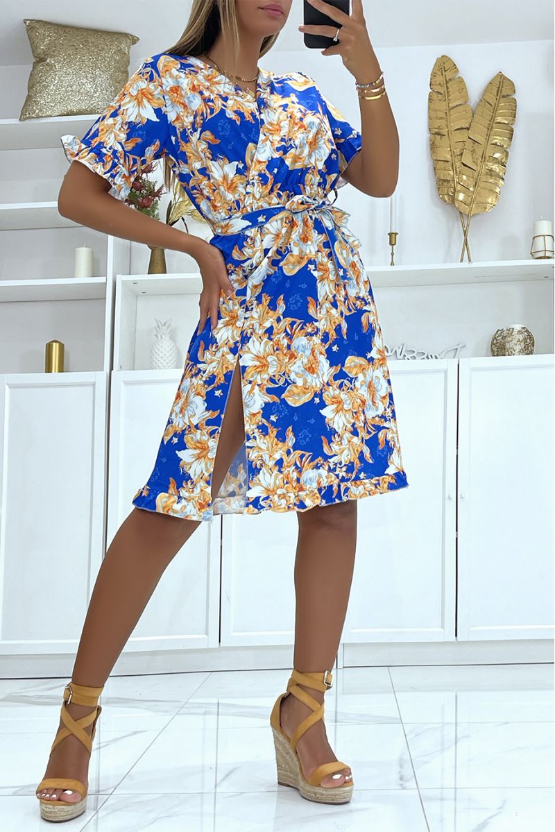 Glamoureuze royale bloemenjurk met overslag en zijsplitten en een prachtige bloemenprint - 3