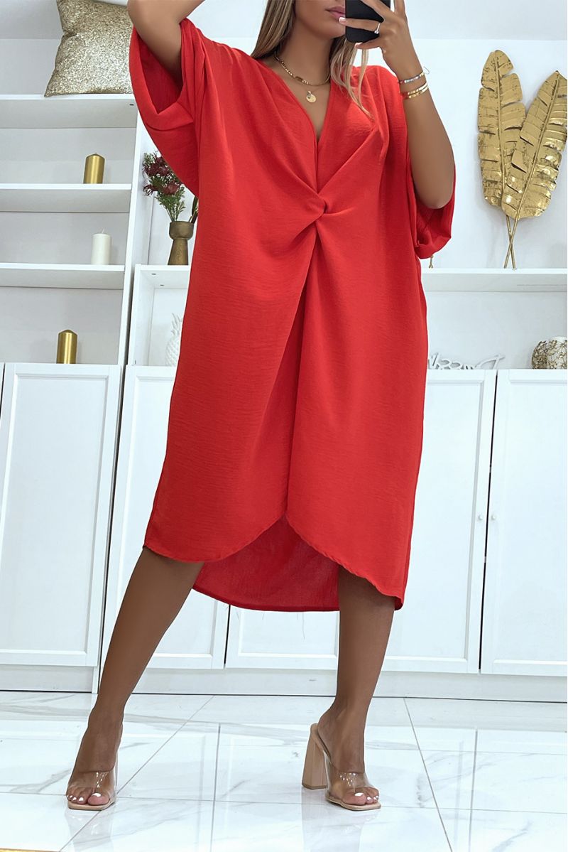 Longue robe tunique rouge over-size croisé devant - 2