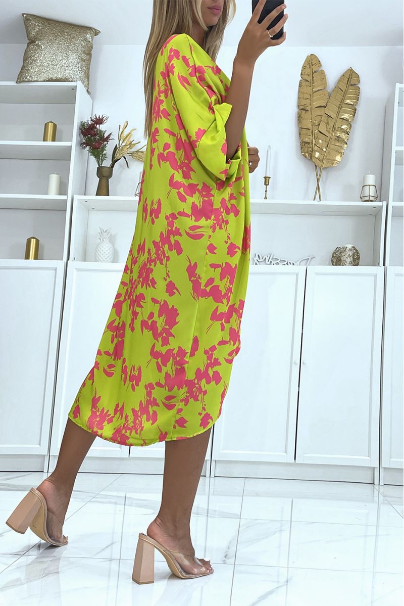 Pistachio green oversized two-tone floral dress, loose and fluid, ideal for a summer evening - 3