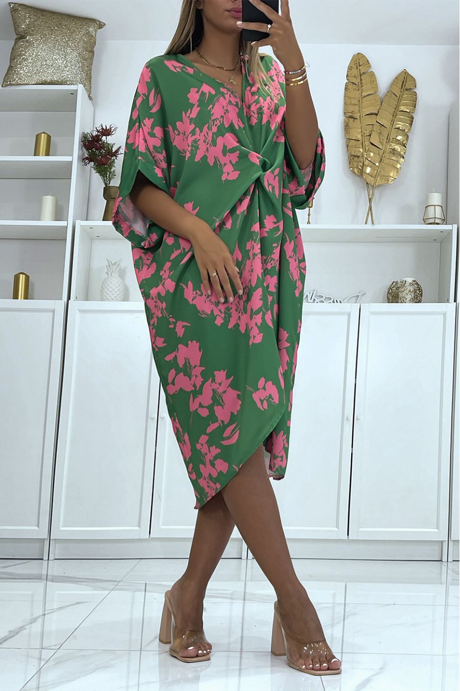 Loose and flowing two-tone floral oversized green dress ideal for a summer evening - 3