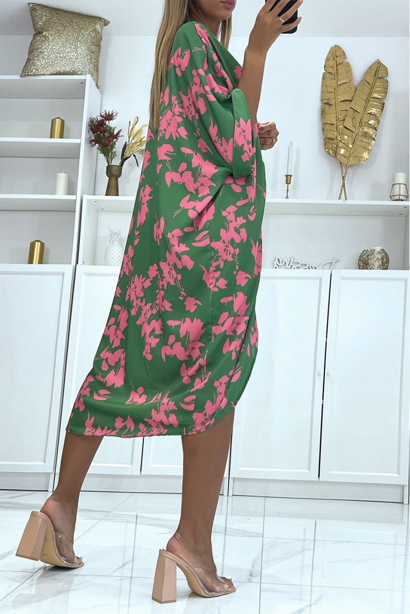 Losse en vloeiende tweekleurige oversized groene jurk met bloemen, ideaal voor een zomeravond - 4