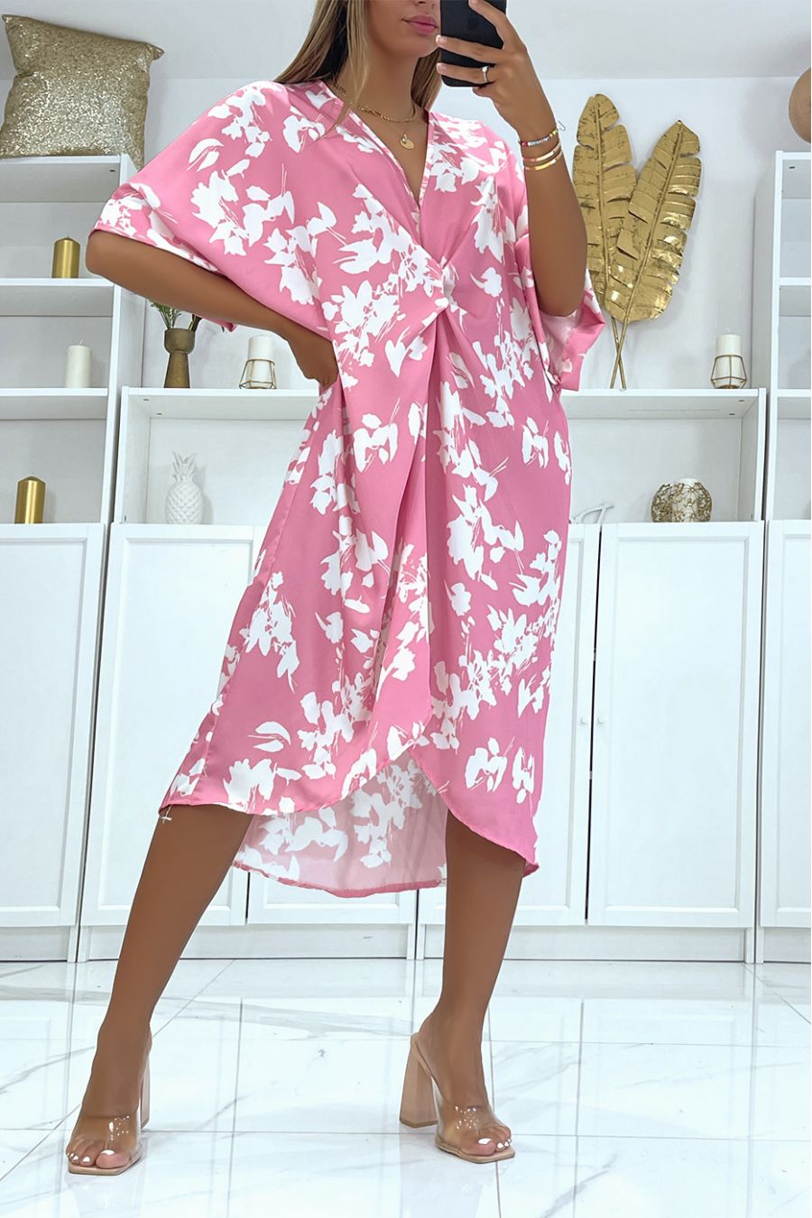 Loose and flowing two-tone floral oversized pink dress ideal for a summer evening - 2