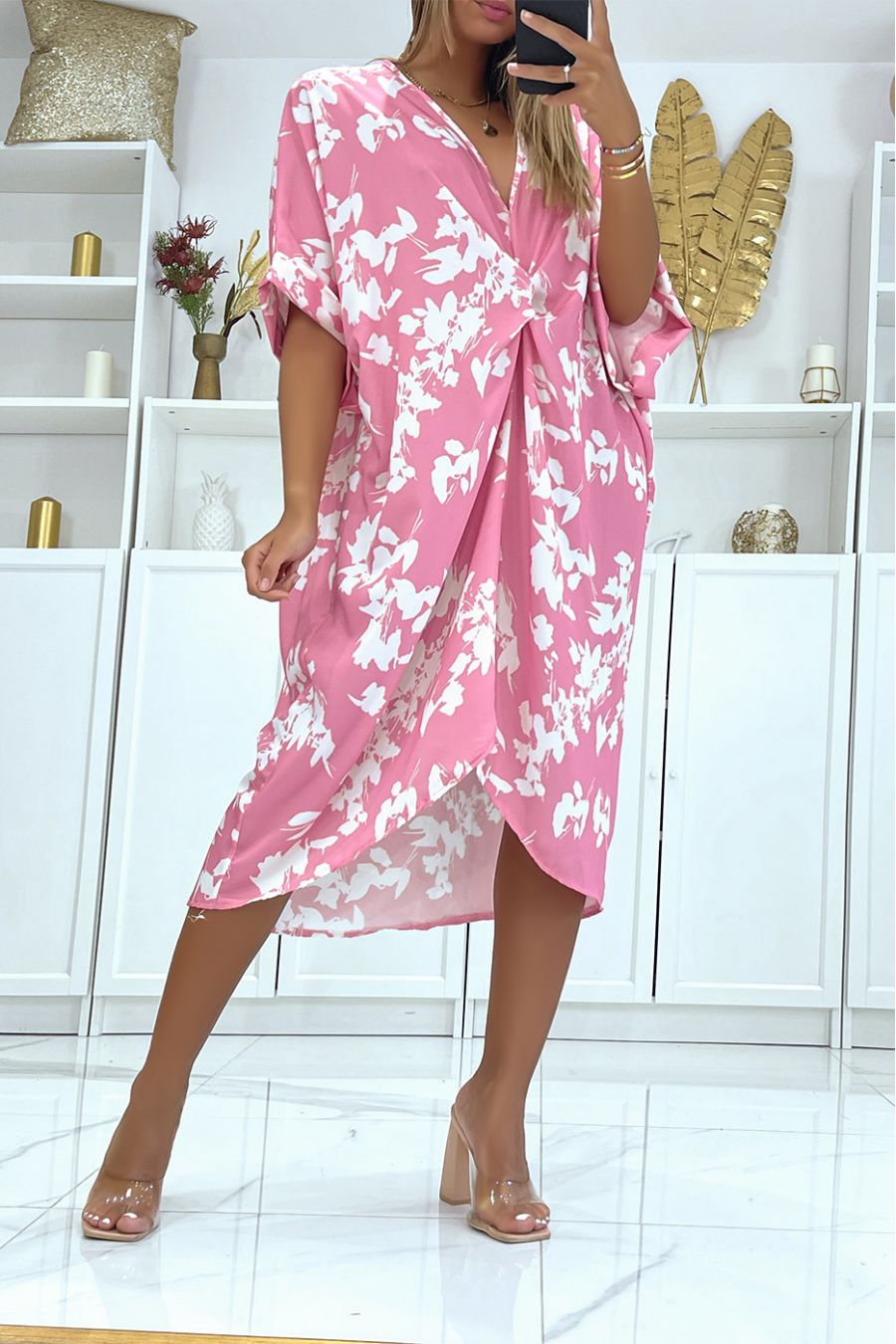 Loose and flowing two-tone floral oversized pink dress ideal for a summer evening - 3