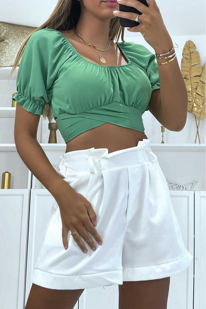 Green crop top with bardot collar that crosses under the bust and ties at the back - 1