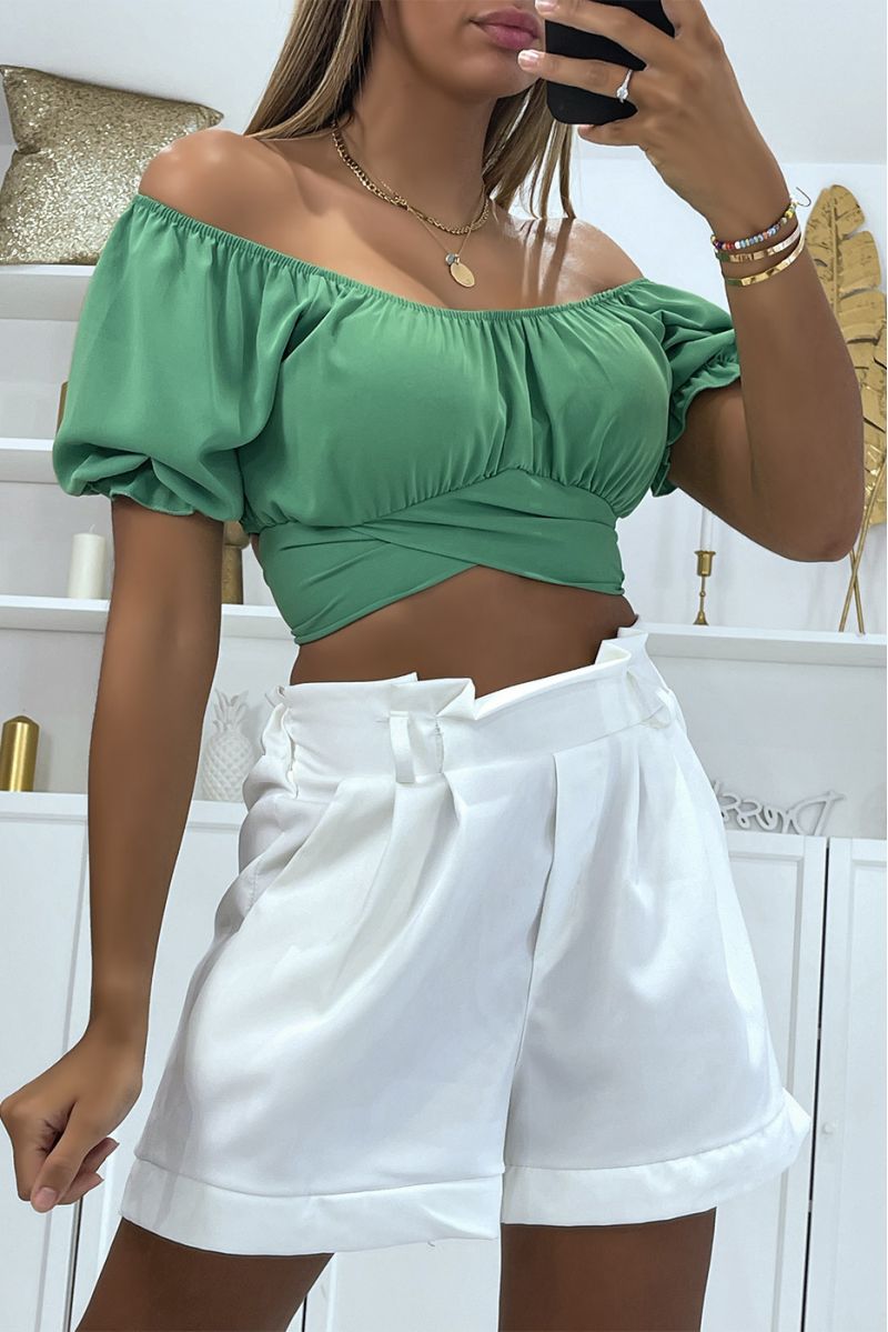 Green crop top with bardot collar that crosses under the bust and ties at the back - 2
