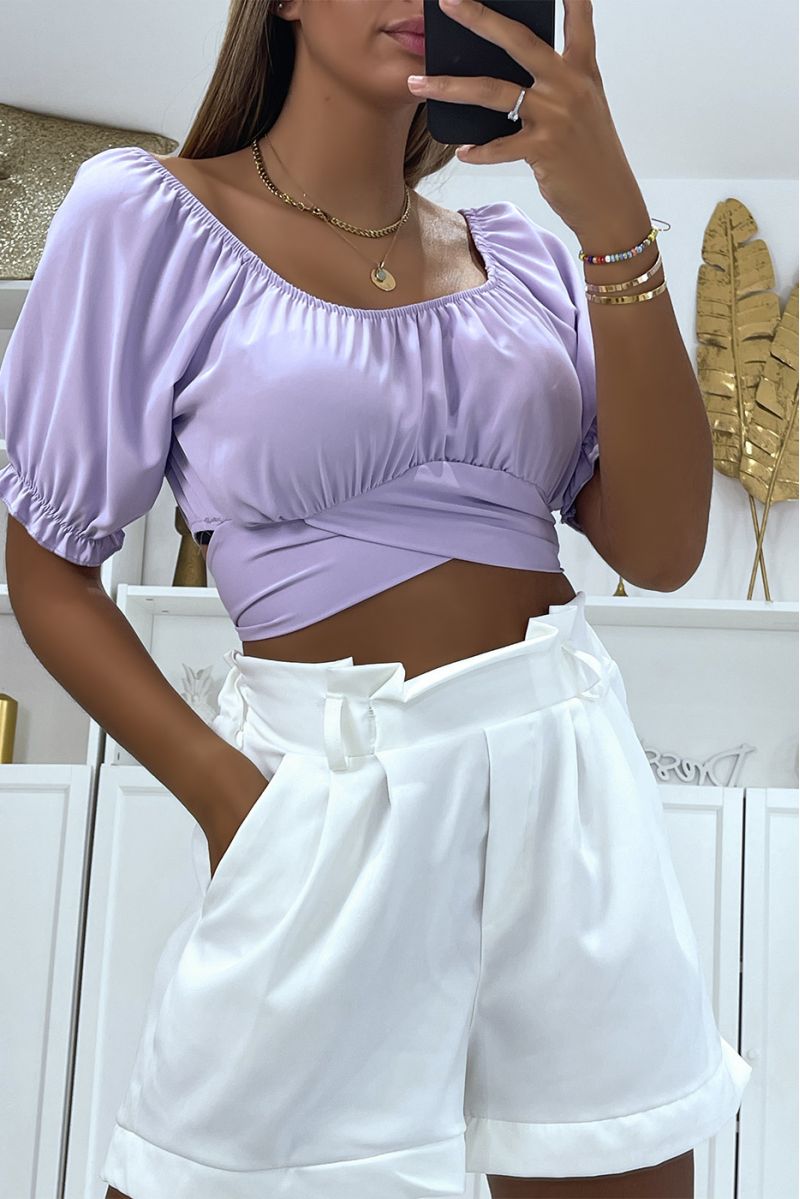 Lilac crop top with bardot collar that crosses under the bust and ties at the back - 3