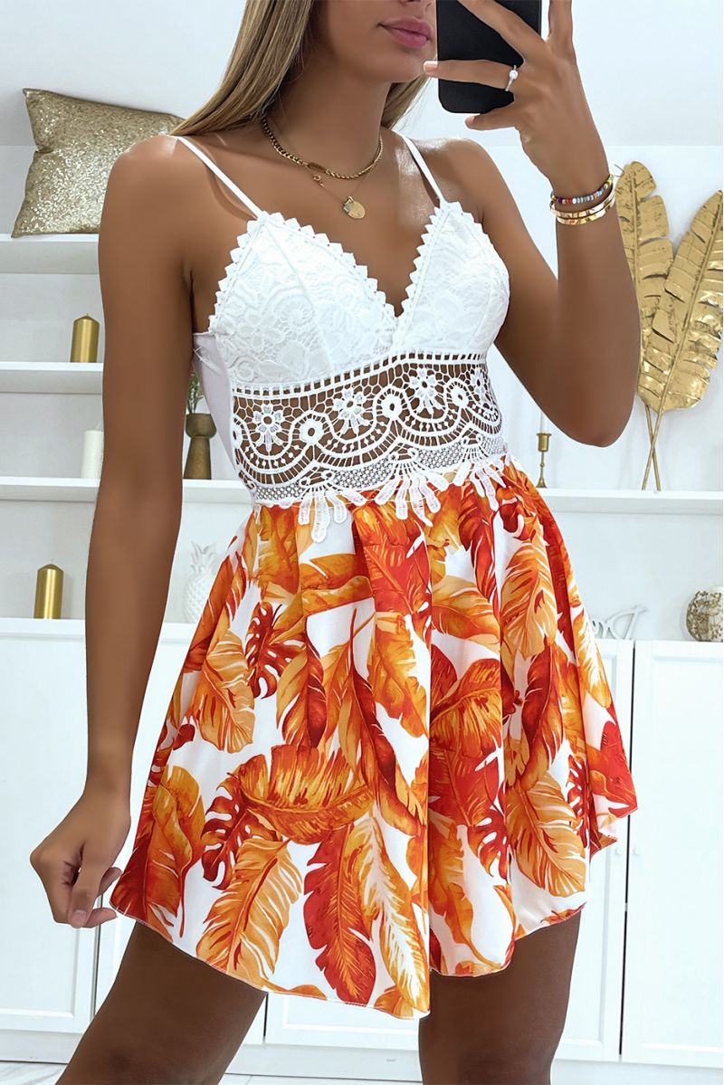 Orange strapless lace playsuit with padded chest and flowing floral print petticoat - 2