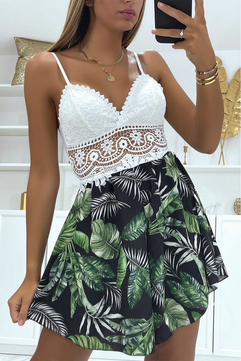 Black and green bustier lace playsuit with padded chest and flowing floral print petticoat - 3