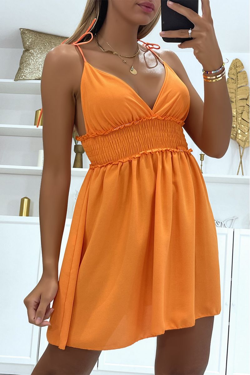 Oranje mini-jurk met V-hals en elastische taille Glamoureus en comfortabel om te dragen - 3