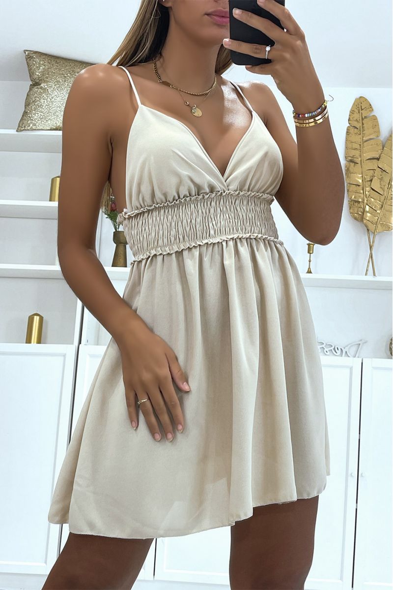 Glamoureuze en comfortabele beige mini-jurk met V-hals en elastische taille - 3
