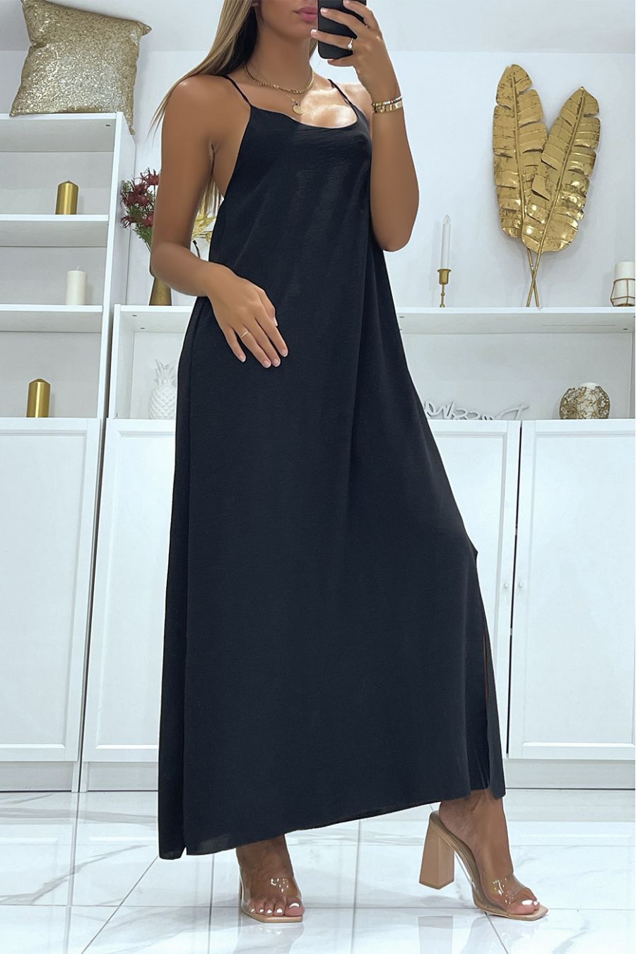 Simple long black dress with side slits with thin straps and slightly low-cut - 2