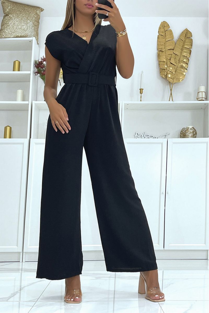 Jumpsuit met zwarte riem, uitlopende broek en top met wikkeleffect - 2