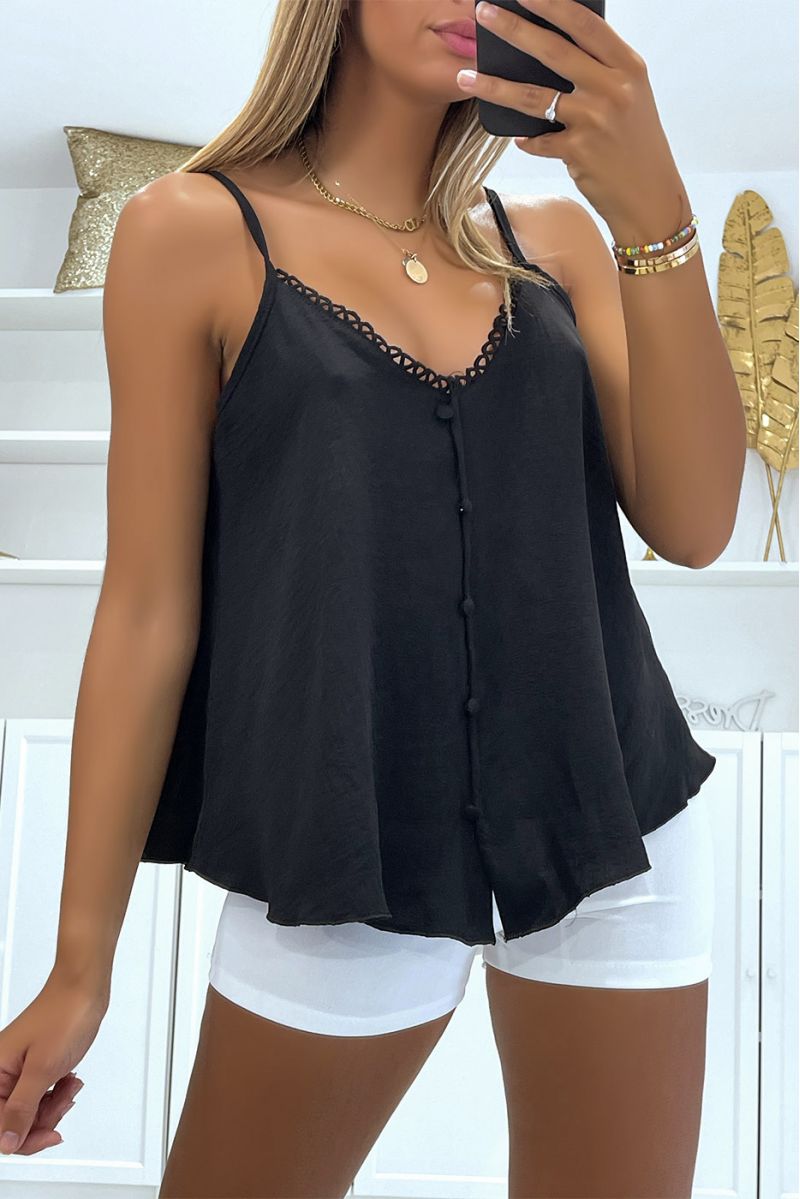 Black tank top with thin straps and pretty buttons in the center for a chic and casual style - 2