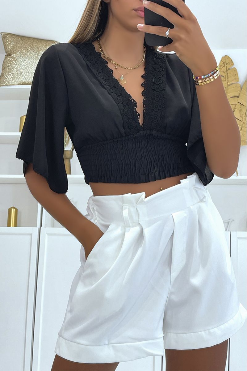Zwarte crop top met halflange drop mouwen en mooie V-hals met kanten details - 1