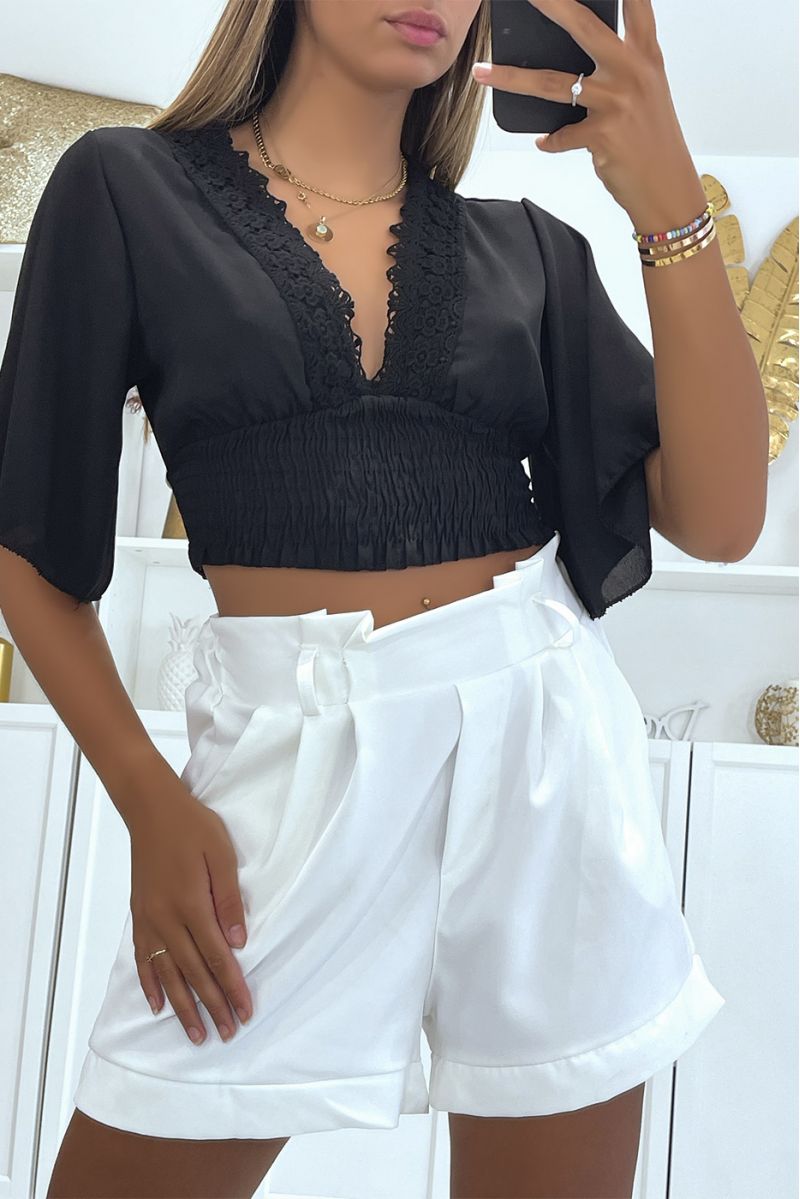 Zwarte crop top met halflange drop mouwen en mooie V-hals met kanten details - 3