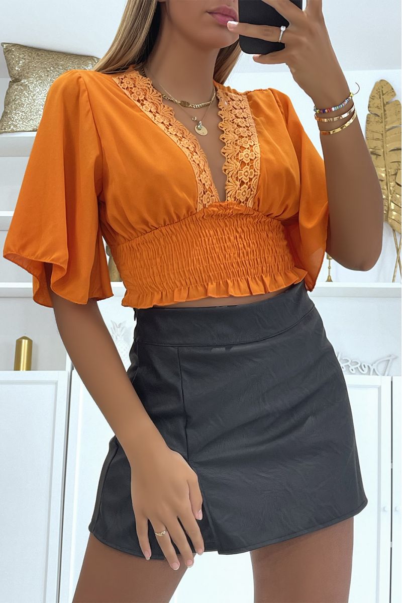 Crop top orange à manches mi-longues et tombantes et joli col V à détails en dentelles - 1