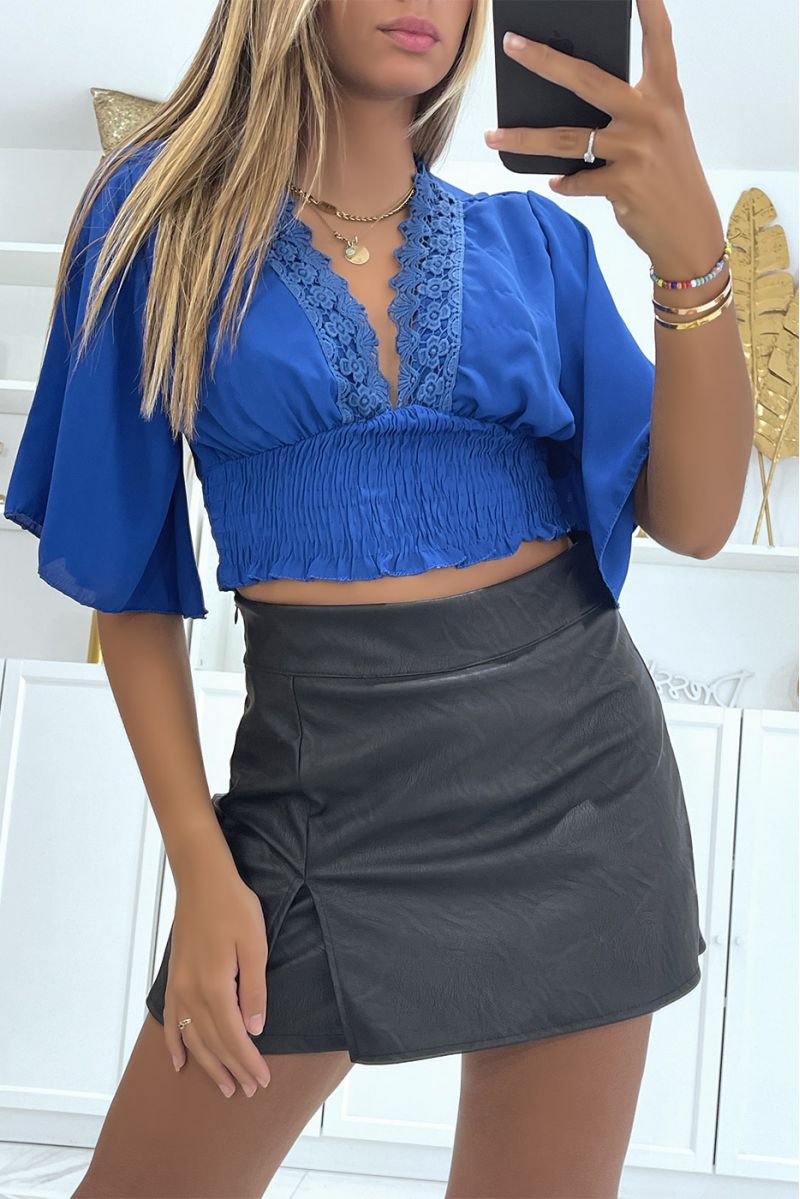 Royal crop top with mid-length drop sleeves and pretty V-neck with lace details - 2