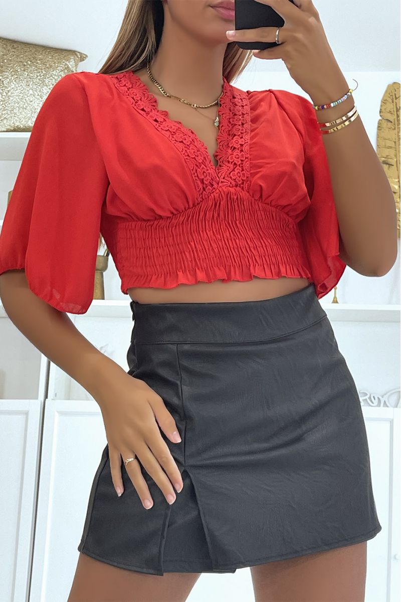 Red crop top with mid-length drop sleeves and pretty V-neck with lace details - 1