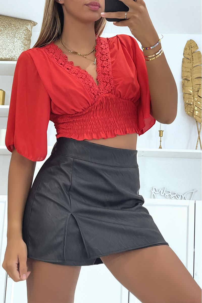 Red crop top with mid-length drop sleeves and pretty V-neck with lace details - 2