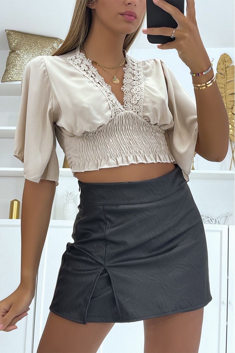 Beige crop top with mid-length drop sleeves and pretty V-neck with lace details - 2