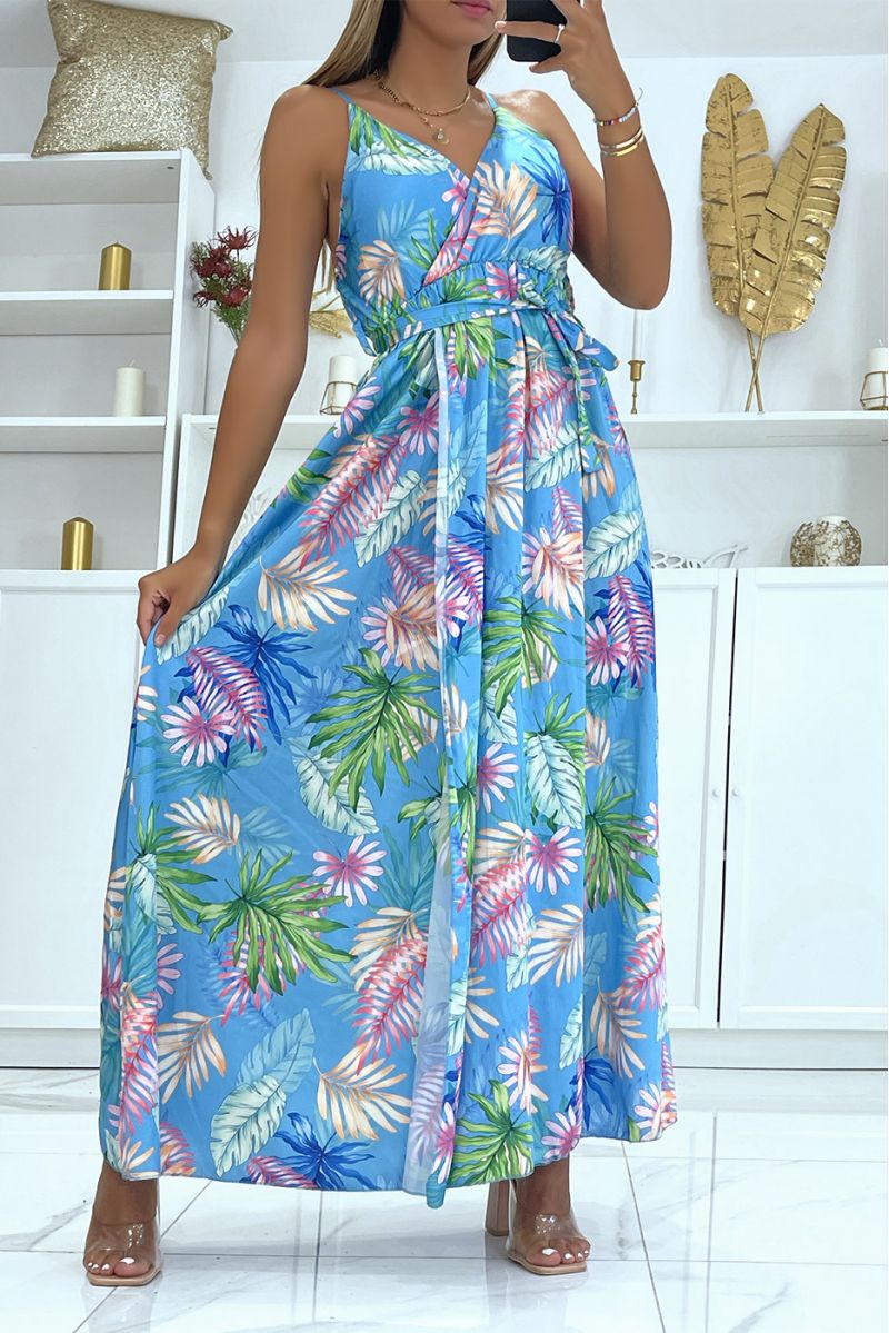 Long blue satin wrap dress with unique foliage print, thin straps and cup on the chest - 1