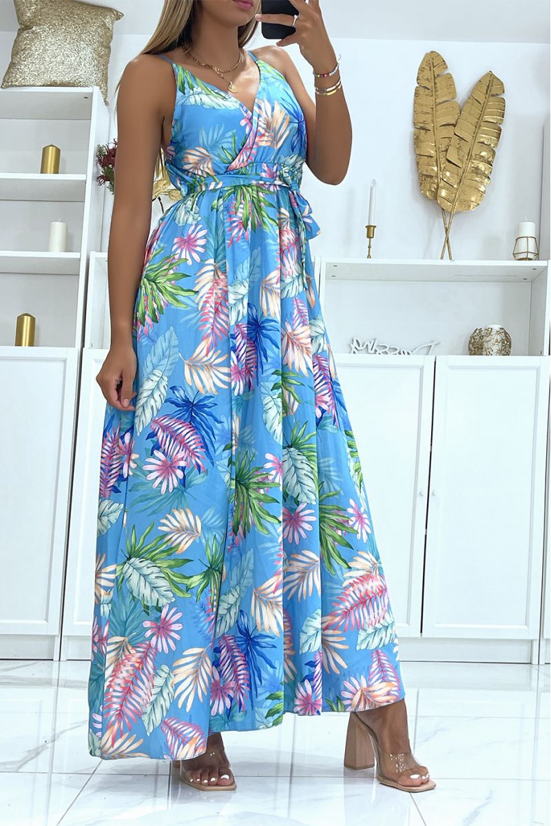 Long blue satin wrap dress with unique foliage print, thin straps and cup on the chest - 3
