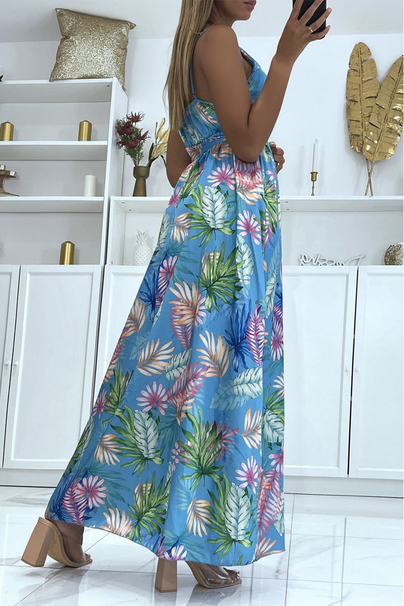 Long blue satin wrap dress with unique foliage print, thin straps and cup on the chest - 4