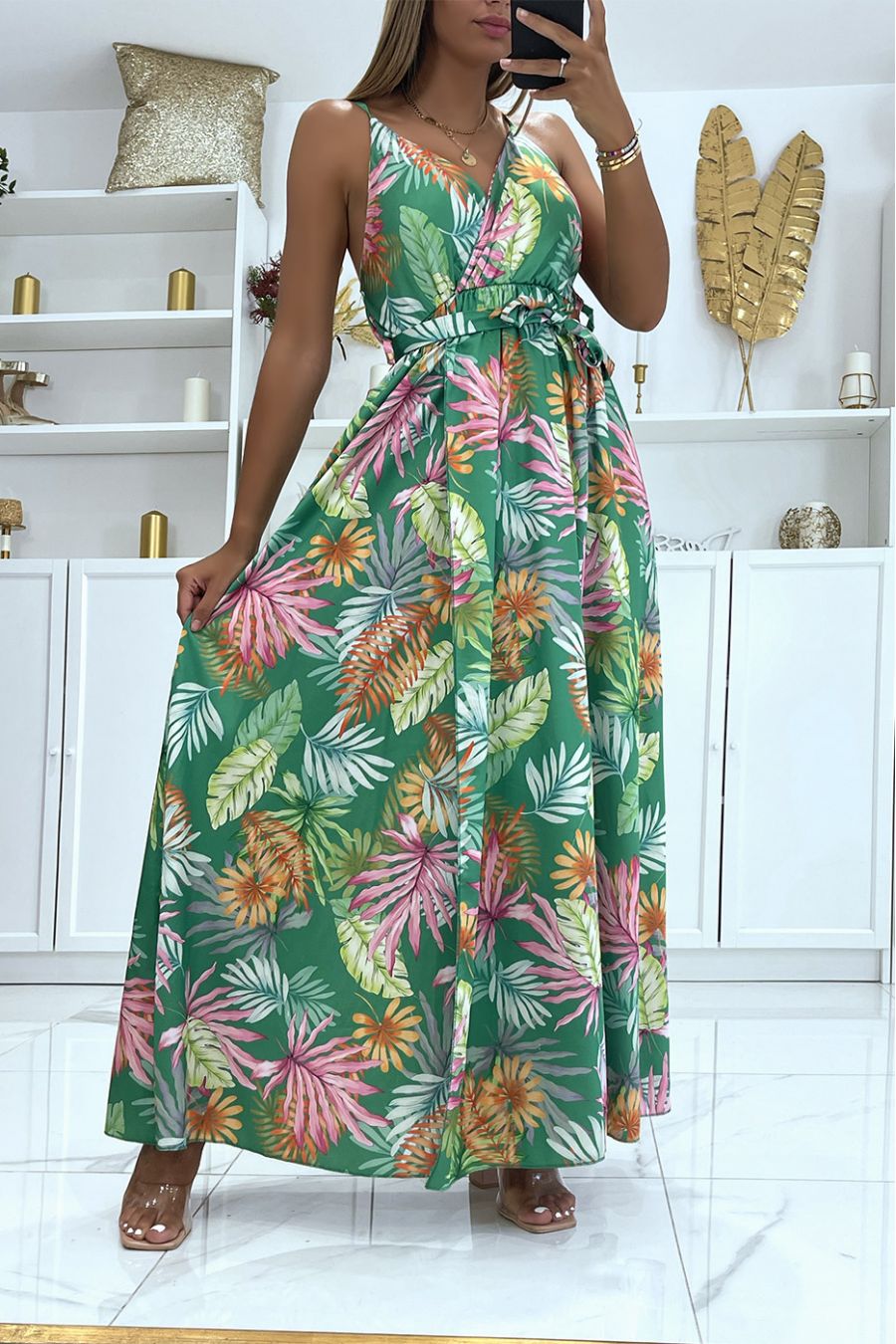 Long green satin wrap dress with unique foliage print, thin straps and cup on the chest - 1