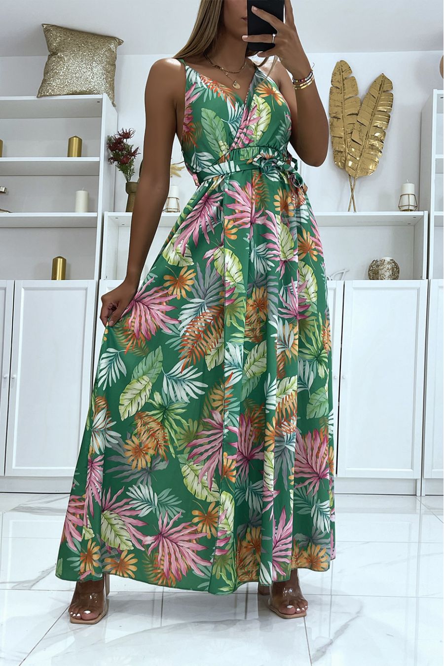 Long green satin wrap dress with unique foliage print, thin straps and cup on the chest - 2