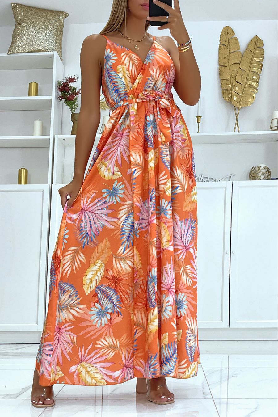 Long orange satin wrap dress with unique foliage print, thin straps and cup on the chest - 1