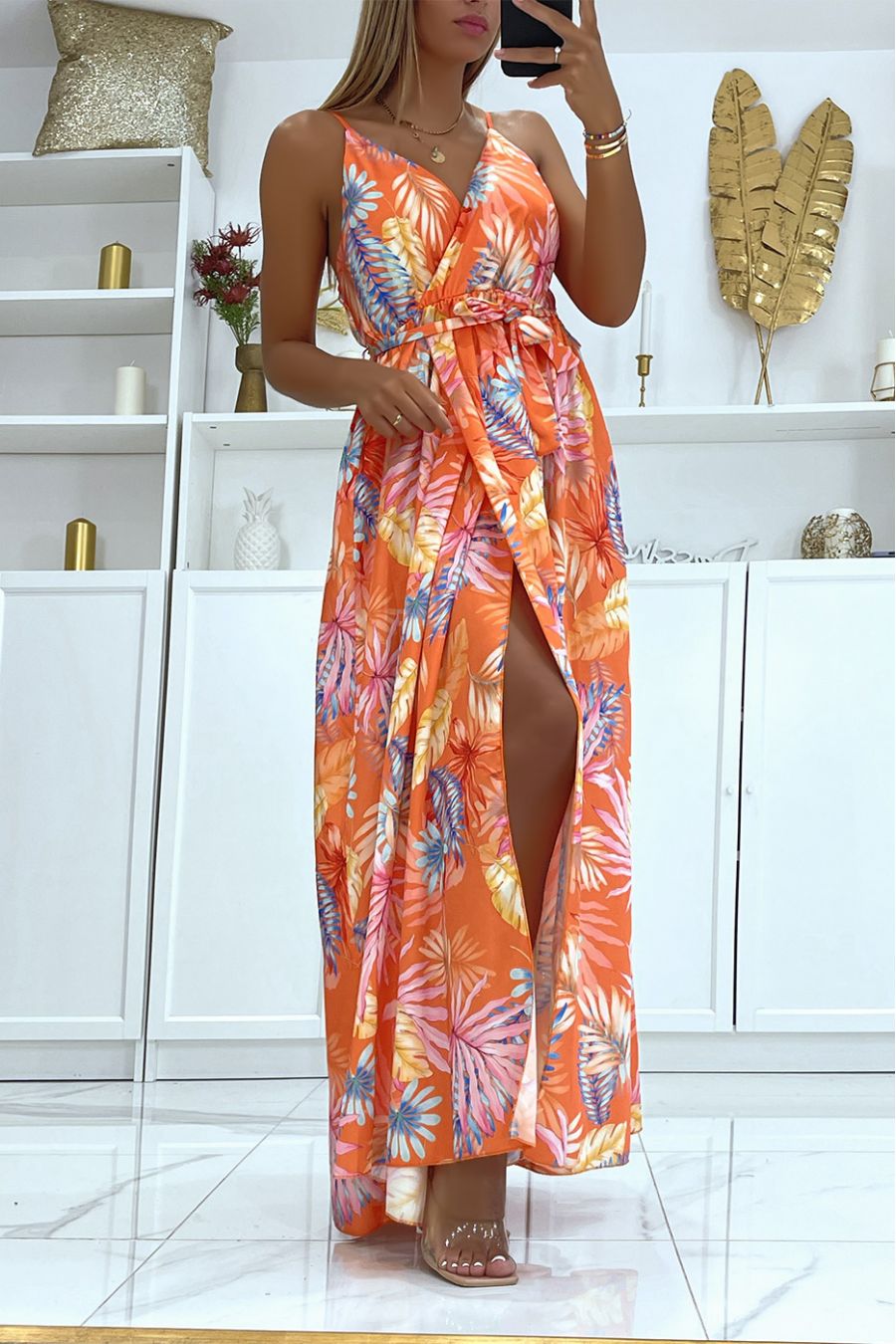 Long orange satin wrap dress with unique foliage print, thin straps and cup on the chest - 3