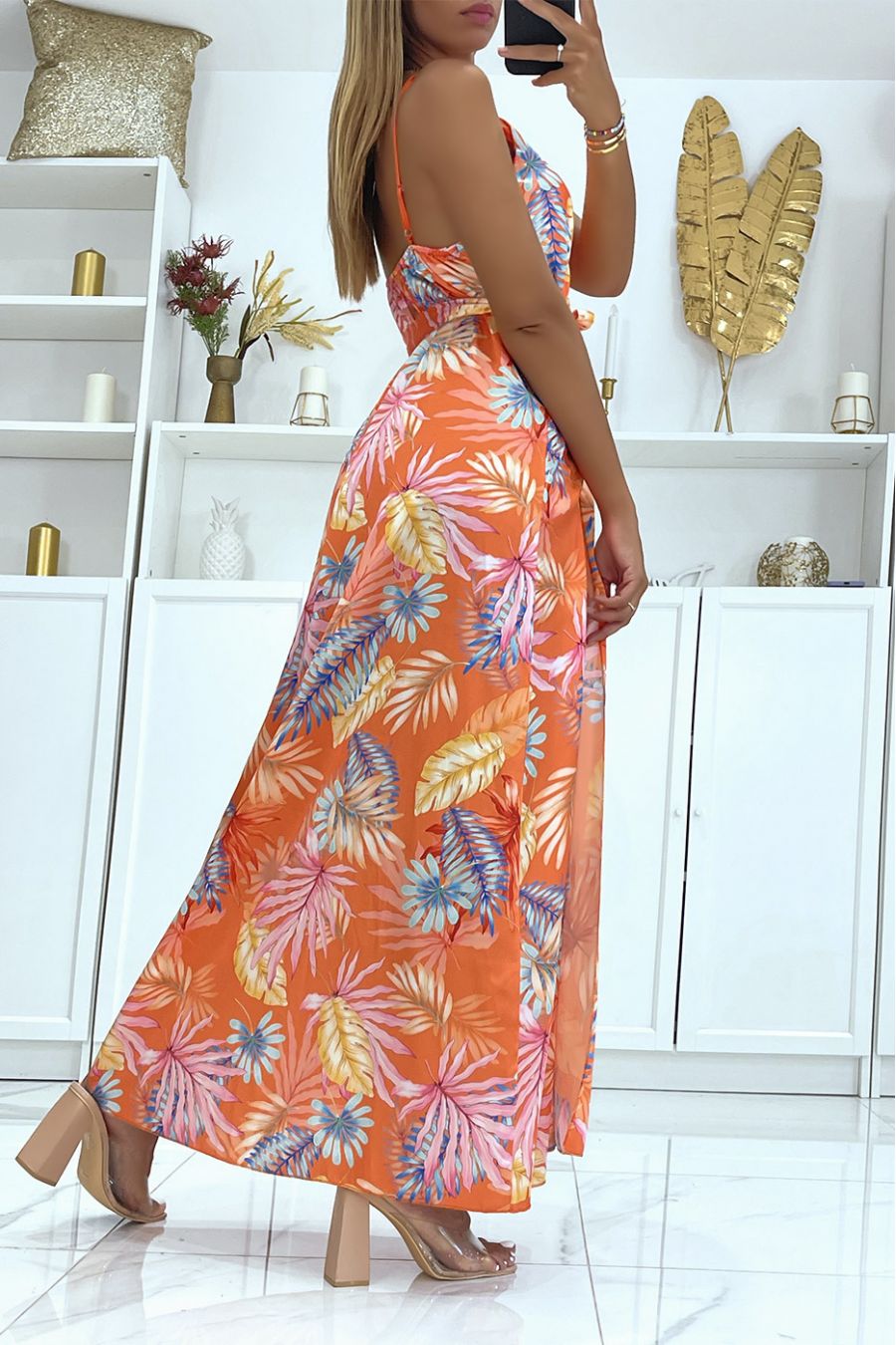 Long orange satin wrap dress with unique foliage print, thin straps and cup on the chest - 4