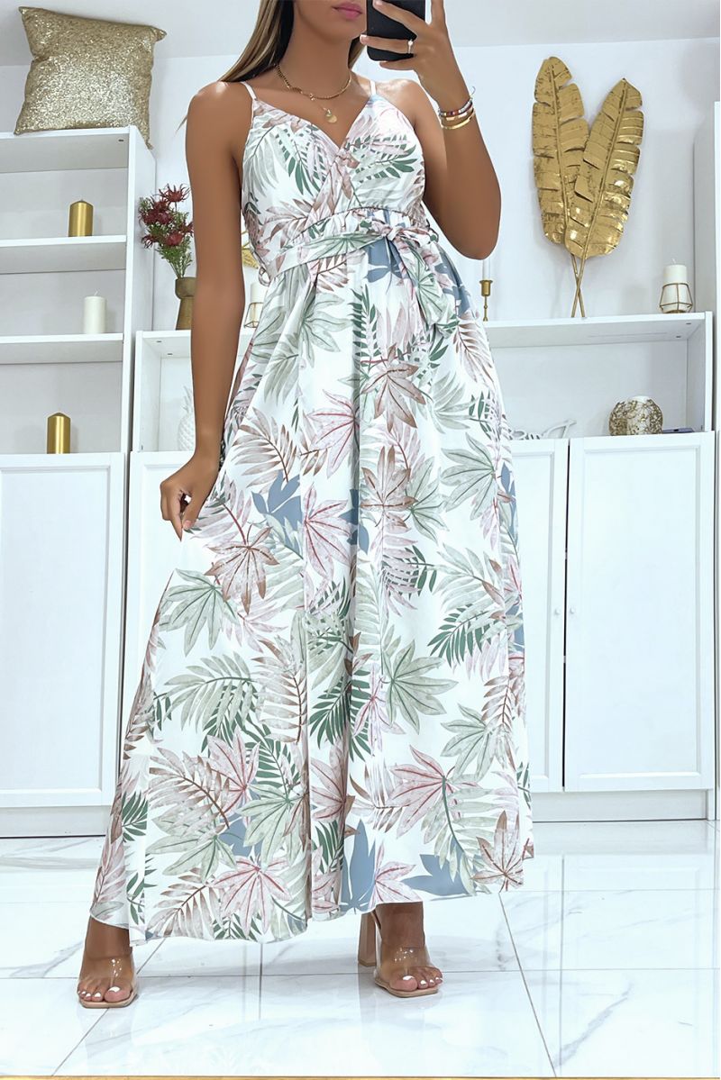 Robe longue beige portefeuille satinée à imprimé feuillage unique bretelles fines et coque à la poitrine - 1