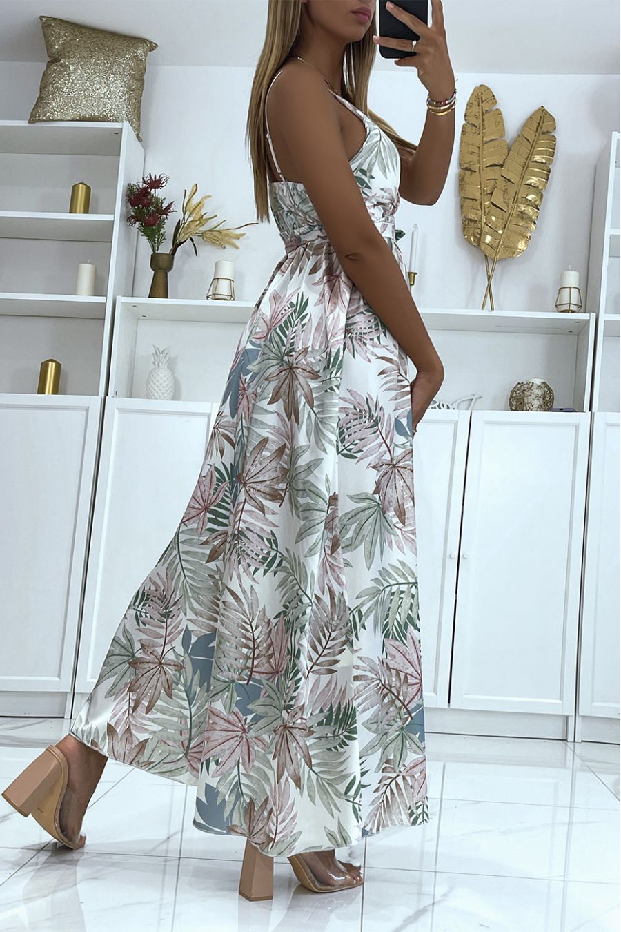 Long beige satin wrap dress with unique foliage print, thin straps and cup on the chest - 4