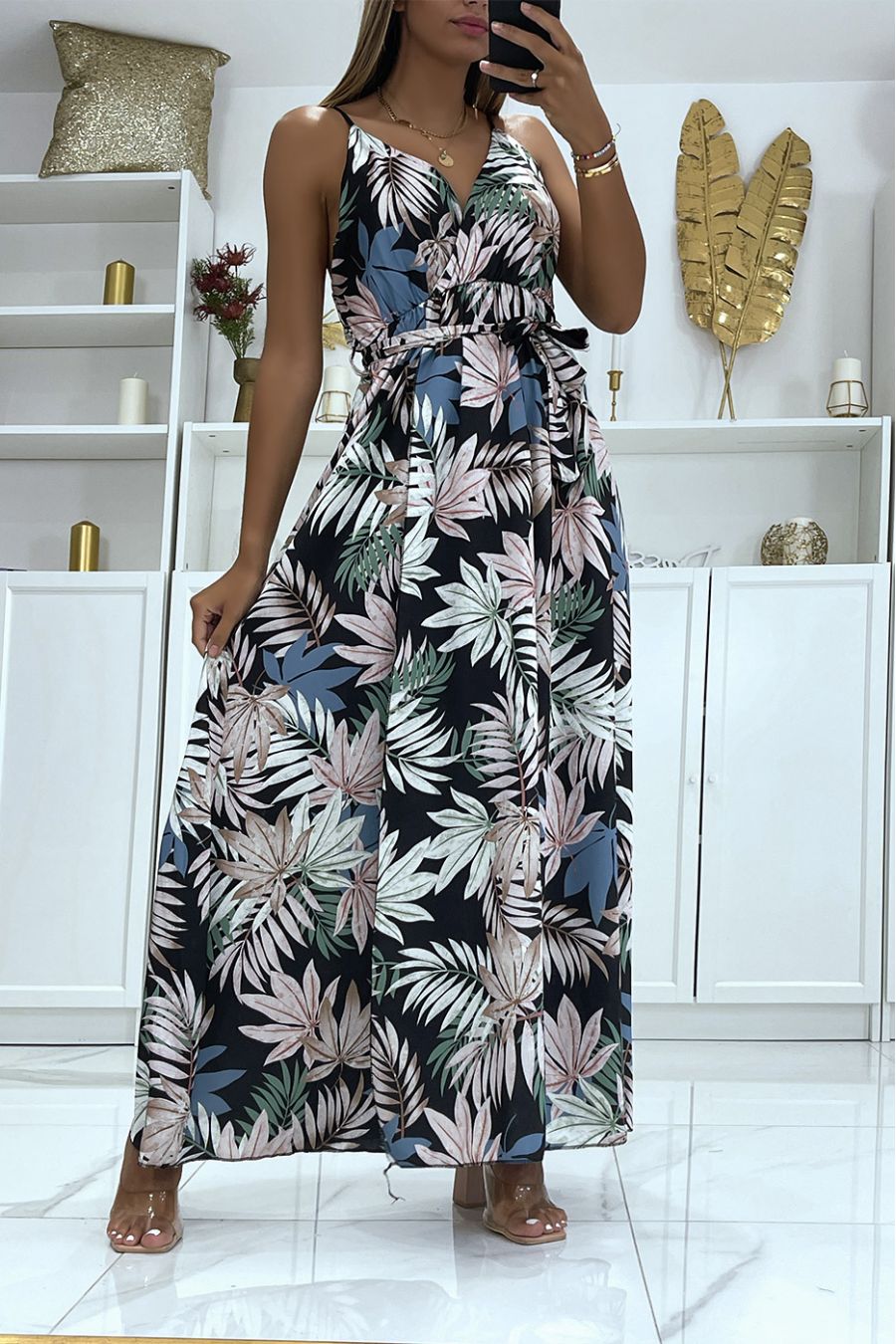 Long black satin wrap dress with unique foliage print, thin straps and cup on the chest - 1