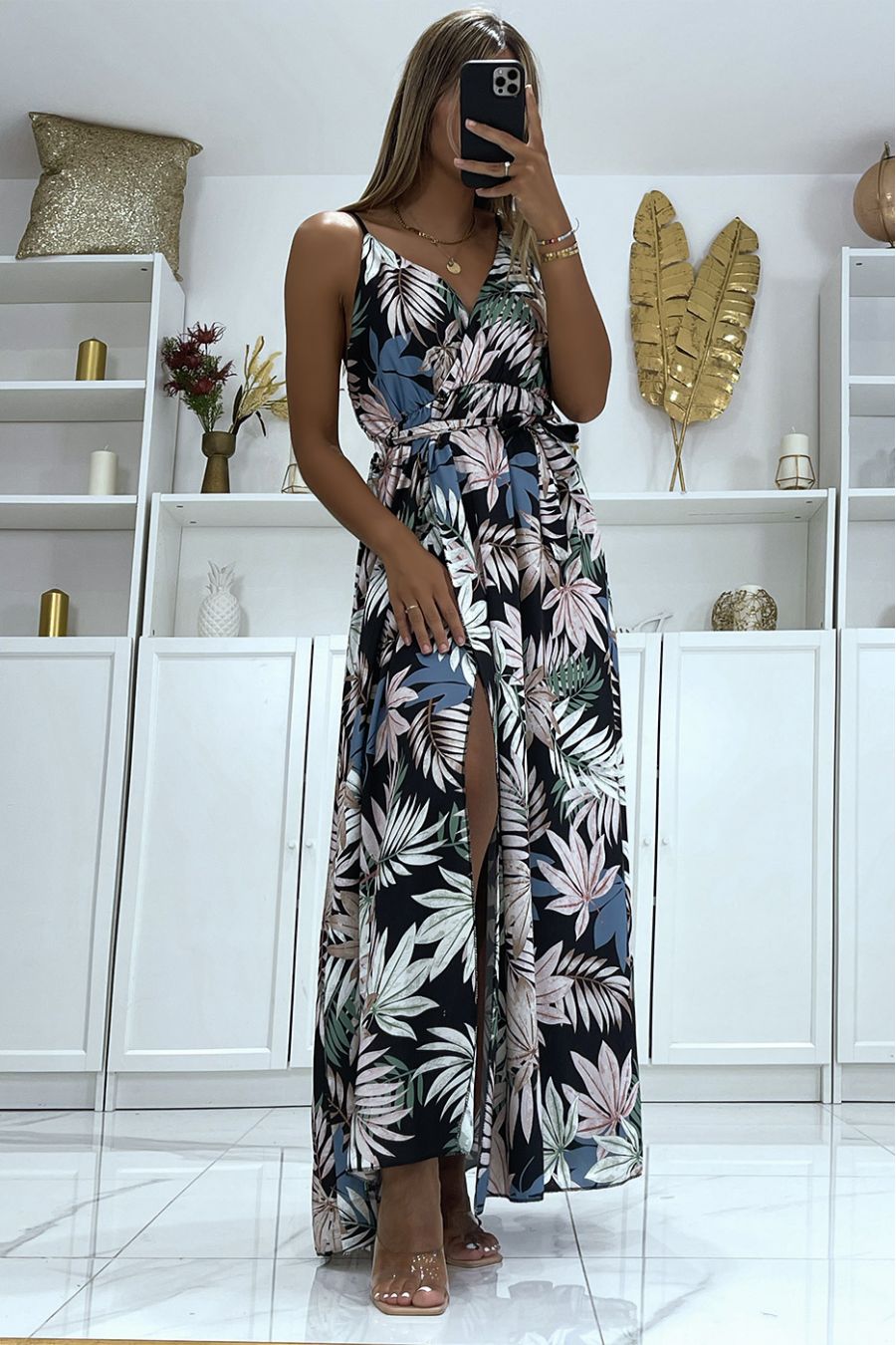 Long black satin wrap dress with unique foliage print, thin straps and cup on the chest - 2