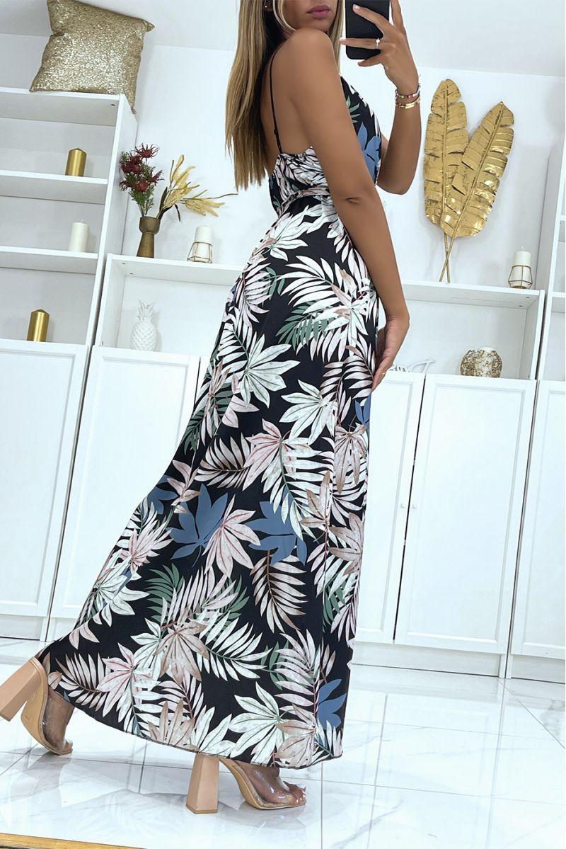Long black satin wrap dress with unique foliage print, thin straps and cup on the chest - 3