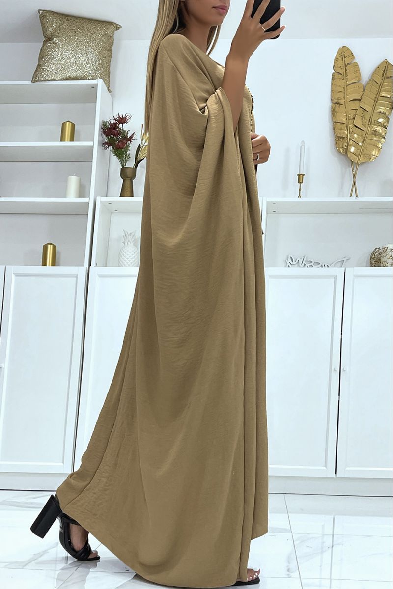 Abaya taupe oversize épaisse et confortable à magnifique tresse avec dorure - 4